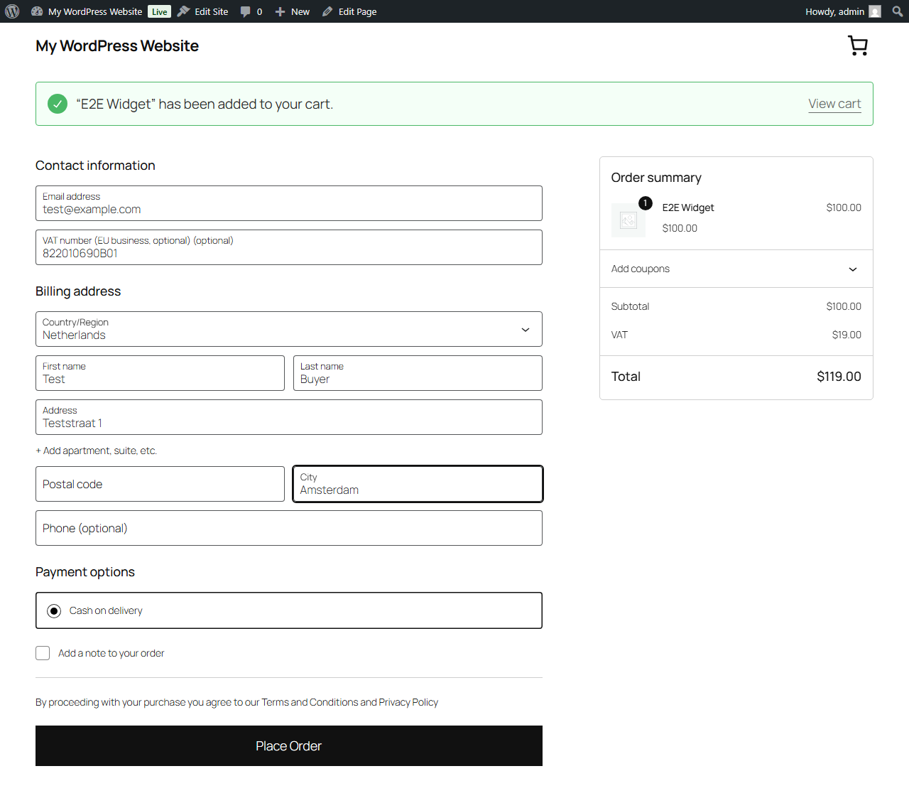 WooCommerce block checkout with a valid VAT number entered and VAT removed by reverse charge